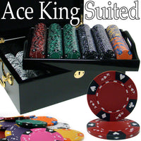 Ace King Suited 14 Gram Clay Poker Chips in Wood Black Mahogany Case - 500 Ct.