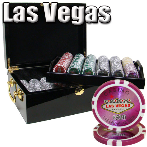 Las Vegas 14 Gram Clay Poker Chips in Wood Black Mahogany Case - 500 Ct.