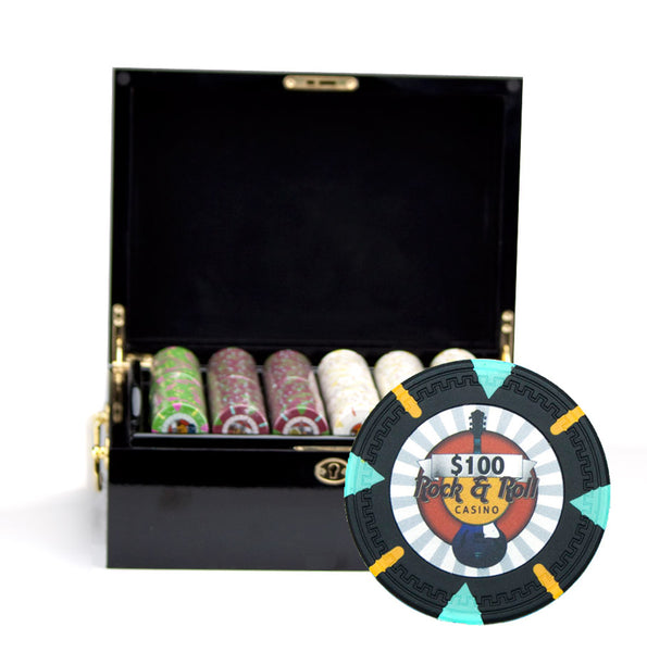 Rock & Roll 13.5 Gram Clay Poker Chips in Wood Black Mahogany Case - 500 Ct.