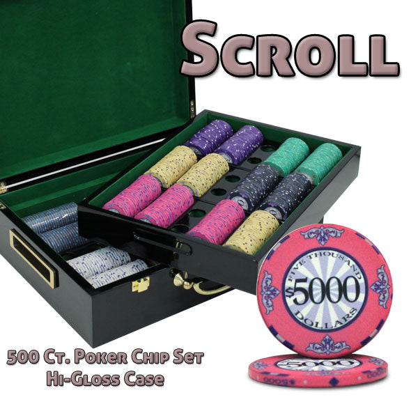 Scroll 10 Gram Ceramic Poker Chips in Wood Hi Gloss Case - 500 Ct.