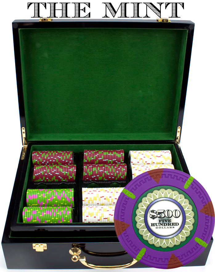 The Mint 13.5 Gram Clay Poker Chips in Wood Hi Gloss Case - 500 Ct.