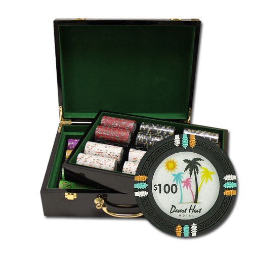 Desert Heat 13.5 Gram Clay Poker Chips in Wood Hi Gloss Case - 500 Ct.