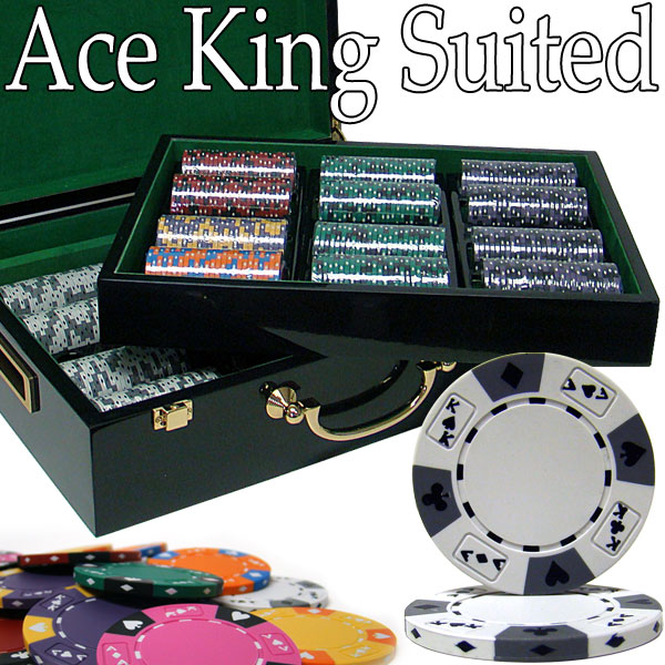 Ace King Suited 14 Gram Clay Poker Chips in Wood Hi Gloss Case - 500 Ct.