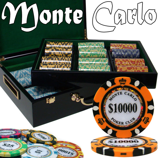 Monte Carlo 14 Gram Clay Poker Chips in Wood Hi Gloss Case - 500 Ct.