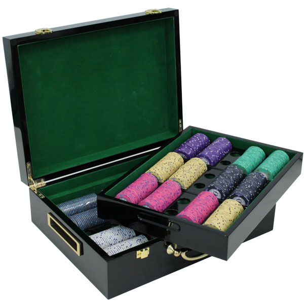 Scroll 10 Gram Ceramic Poker Chips in Wood Hi Gloss Case - 500 Ct.