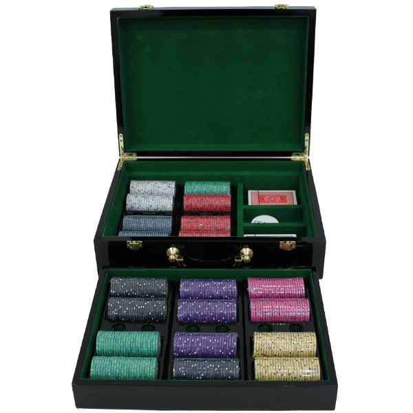 Scroll 10 Gram Ceramic Poker Chips in Wood Hi Gloss Case - 500 Ct.