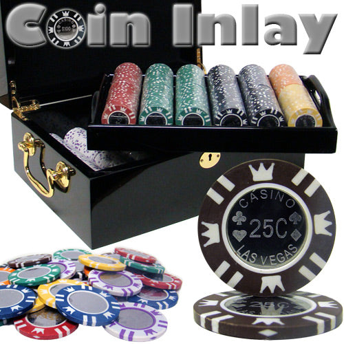 Coin Inlay 15 Gram Clay Poker Chips in Wood Black Mahogany Case - 500 Ct.