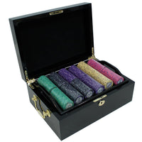 Scroll 10 Gram Ceramic Poker Chips in Wood Black Mahogany Case - 500 Ct.