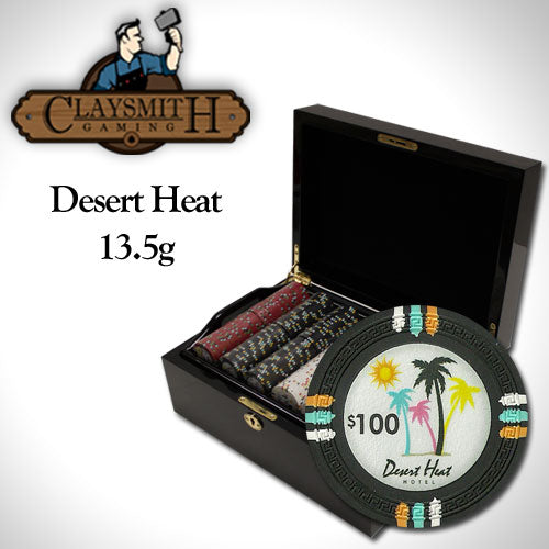 Desert Heat 13.5 Gram Clay Poker Chips in Wood Black Mahogany Case - 500 Ct.