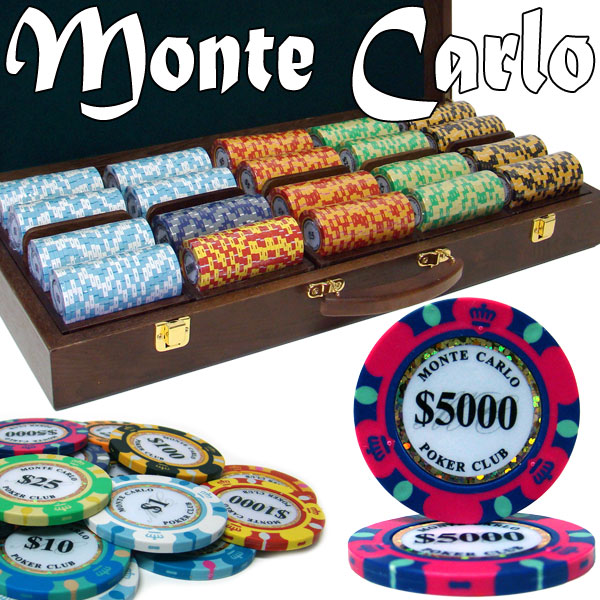 Monte Carlo 14 Gram Clay Poker Chips in Wood Walnut Case - 500 Ct.