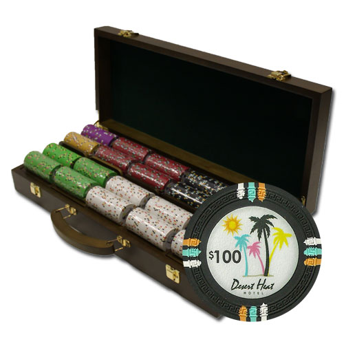 Desert Heat 13.5 Gram Clay Poker Chips in Wood Walnut Case - 500 Ct.