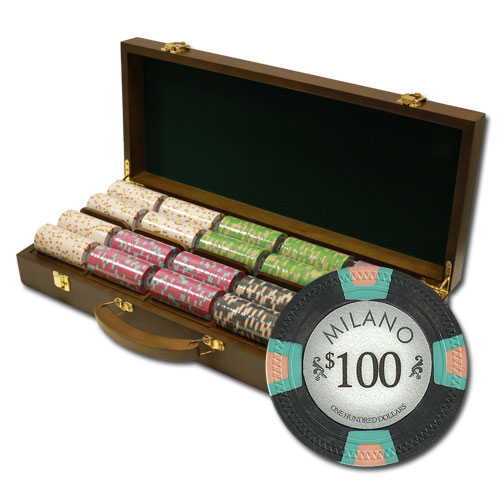 Milano 10 Gram Clay Poker Chips in Wood Walnut Case - 500 Ct.