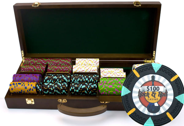 Rock & Roll 13.5 Gram Clay Poker Chips in Wood Walnut Case - 500 Ct.