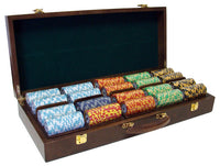 Monte Carlo 14 Gram Clay Poker Chips in Wood Walnut Case - 500 Ct.