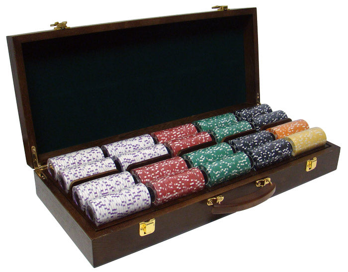 Coin Inlay 15 Gram Clay Poker Chips in Wood Walnut Case - 500 Ct.