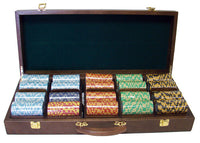 Monte Carlo 14 Gram Clay Poker Chips in Wood Walnut Case - 500 Ct.