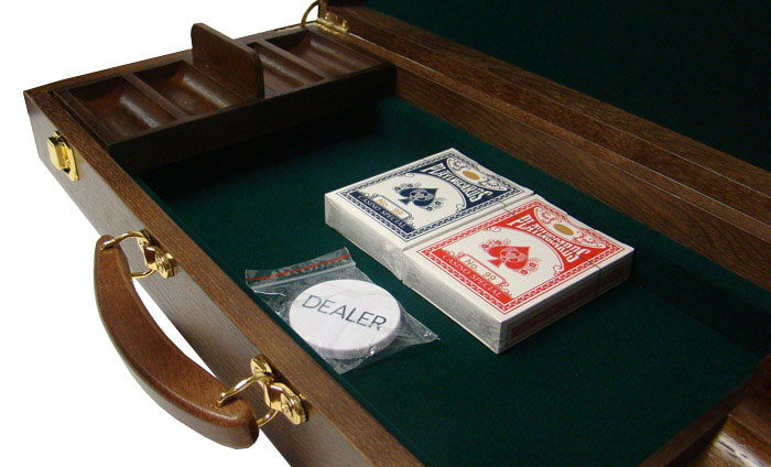 Monte Carlo 14 Gram Clay Poker Chips in Wood Walnut Case - 500 Ct.