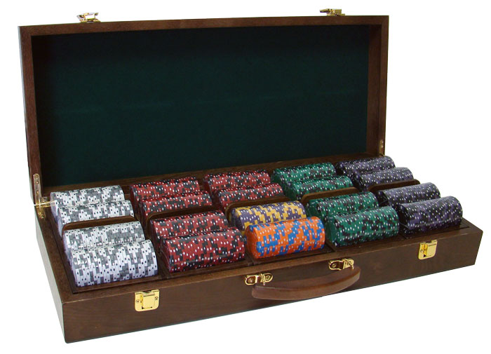 Ace King Suited 14 Gram Clay Poker Chips in Wood Walnut Case - 500 Ct.