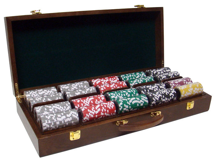  Las Vegas 14 Gram Clay Poker Chips in Wood Walnut Case - 500 Ct.