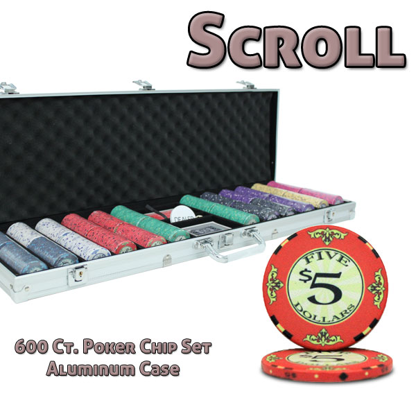 Scroll 10 Gram Ceramic Poker Chips in Aluminum Case - 600 Ct.