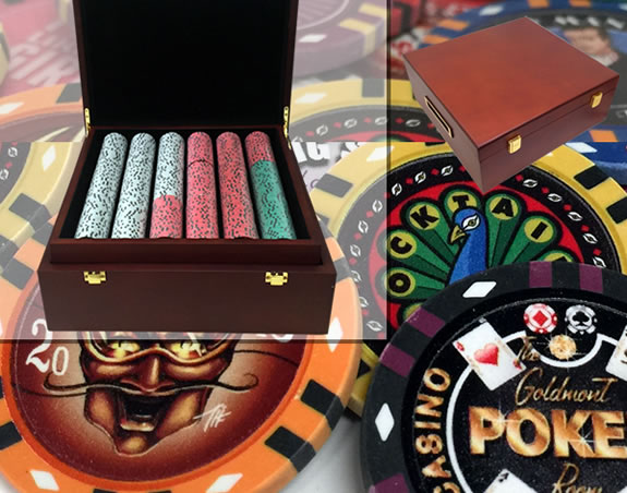 Custom Printed Mahogany Wood Poker Chip Set with 13 Gram Clay Infinity Poker Chips - 750 Chips