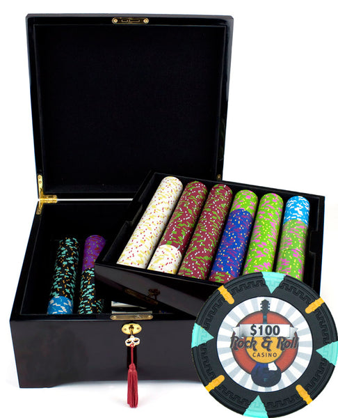 Rock & Roll 13.5 Gram Clay Poker Chips in Wood Mahogany Case - 750 Ct.