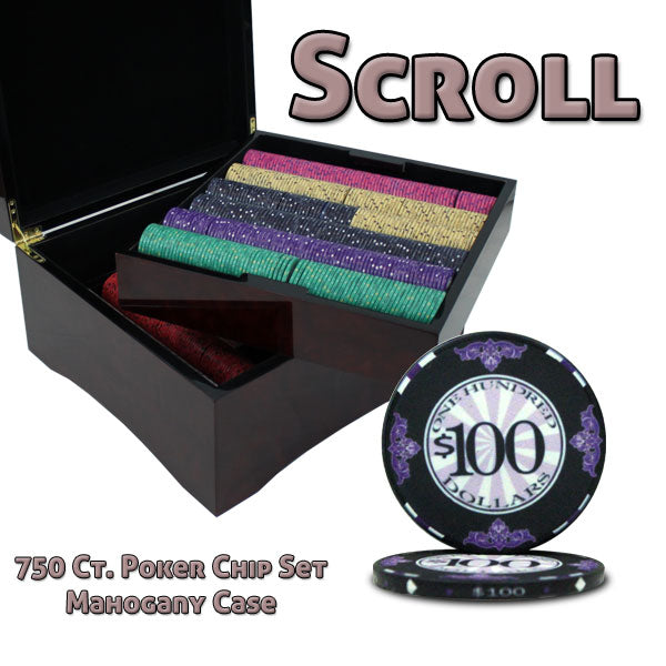 Scroll 10 Gram Ceramic Poker Chips in Wood Mahogany Case - 750 Ct.