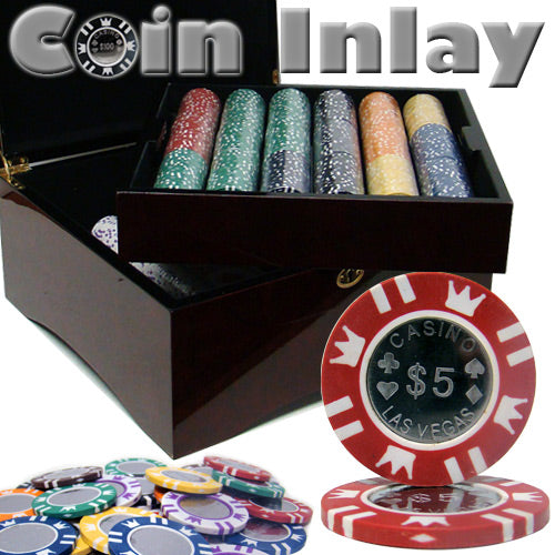 Coin Inlay 15 Gram Clay Poker Chips in Wood Mahogany Case - 750 Ct.