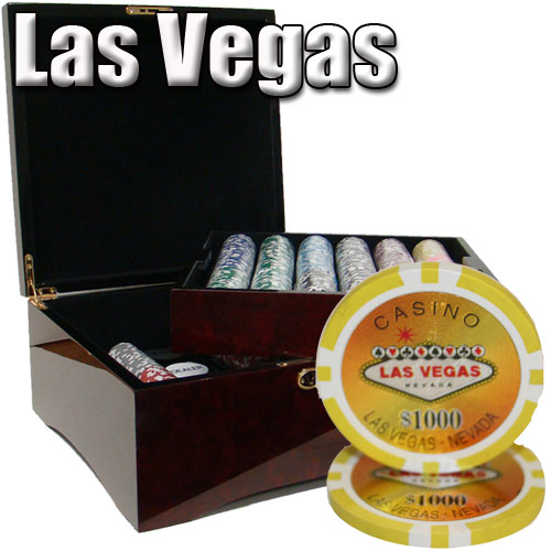 Las Vegas 14 Gram Clay Poker Chips in Wood Mahogany Case - 750 Ct.