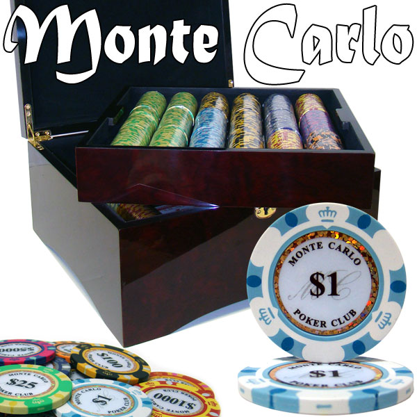 Monte Carlo 14 Gram Clay Poker Chips in Wood Mahogany Case - 750 Ct.