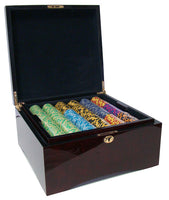 Monte Carlo 14 Gram Clay Poker Chips in Wood Mahogany Case - 750 Ct.