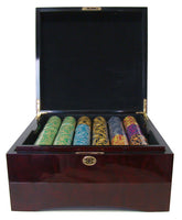 Monte Carlo 14 Gram Clay Poker Chips in Wood Mahogany Case - 750 Ct.