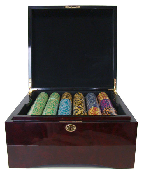 Monte Carlo 14 Gram Clay Poker Chips in Wood Mahogany Case - 750 Ct.