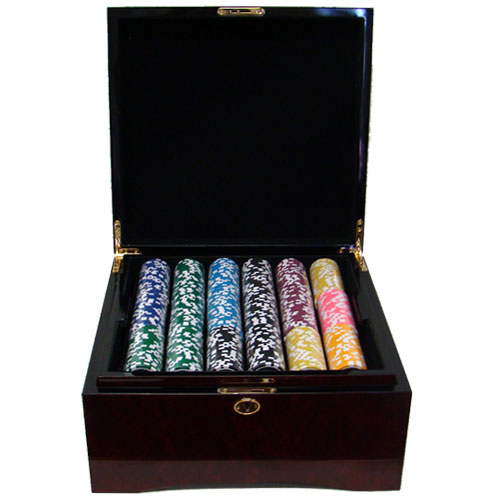 Las Vegas 14 Gram Clay Poker Chips in Wood Mahogany Case - 750 Ct.