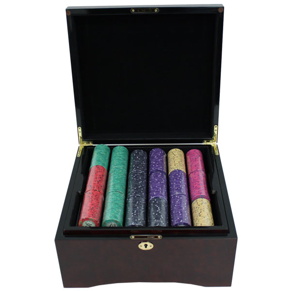 Scroll 10 Gram Ceramic Poker Chips in Wood Mahogany Case - 750 Ct.