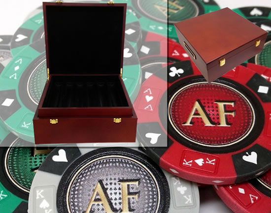 Custom Printed Mahogany Wood Poker Chip Set with 14 Gram Clay Ace King & Suits Poker Chips - 750 Chips