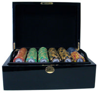 Monte Carlo 14 Gram Clay Poker Chips in Wood Black Mahogany Case - 500 Ct.