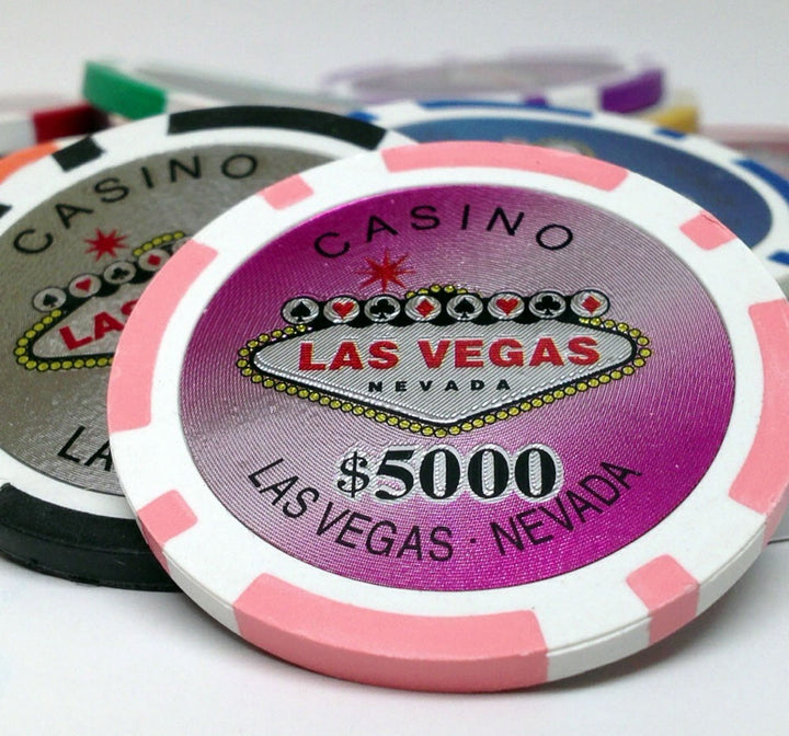 Fichas de póquer de arcilla Las Vegas de 14 gramos en estuche de aluminio negro - 500 u.