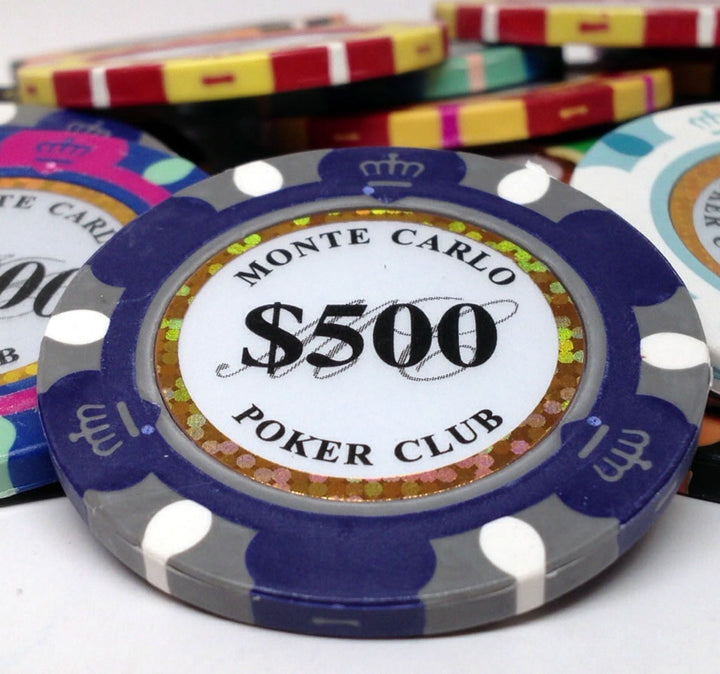 Monte Carlo 14 Gram Clay Poker Chips in Wood Walnut Case - 300 Ct.