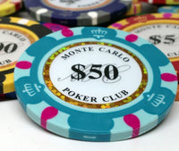 Monte Carlo 14 Gram Clay Poker Chips in Wood Walnut Case - 300 Ct.