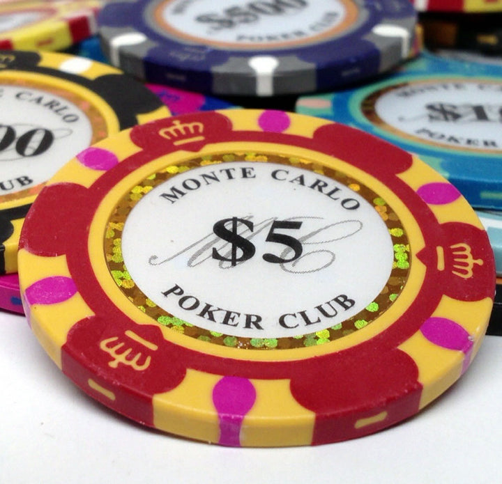 Monte Carlo 14 Gram Clay Poker Chips in Wood Walnut Case - 500 Ct.