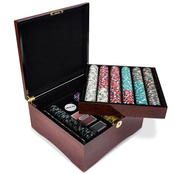 Monaco Club 13.5 Gram Clay Poker Chip Set in Mahogany Wood Case - 750 Ct.