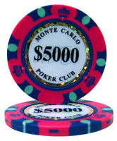 Monte Carlo 14 Gram Clay Poker Chips in Wood Mahogany Case - 750 Ct.