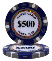 Monte Carlo 14 Gram Clay Poker Chips in Wood Walnut Case - 300 Ct.