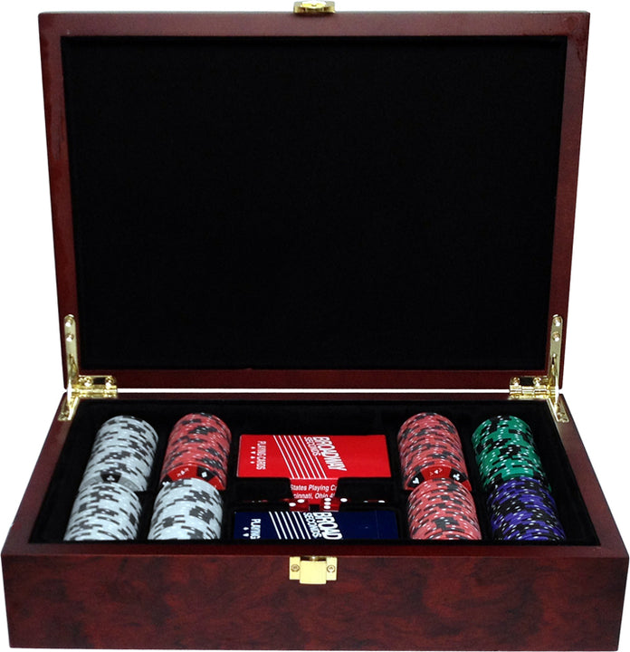 Custom Printed Mahogany Wood Poker Chip Set with 13 Gram Clay Infinity Poker Chips - 200 Chips