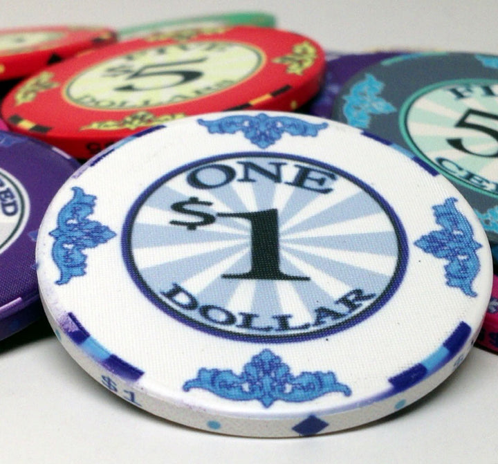 Scroll 10 Gram Ceramic Poker Chips in Acrylic Carrier - 1000 Ct.