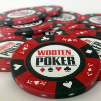 Custom Printed Mahogany Wood Poker Chip Set with 14 Gram Clay Ace King & Suits Poker Chips - 300 Chips